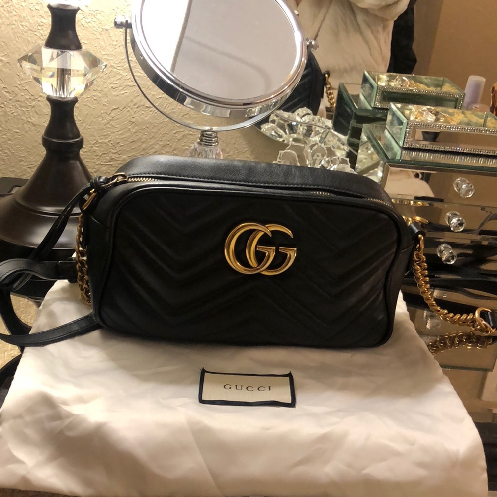 Gucci Black GG Marmont Chevron Leather Crossbody Bag with Gold Hardware
